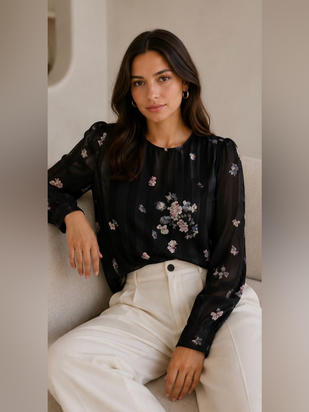 Club Monaco Silk Black Floral Long-Sleeve Blouse with Pink Accents